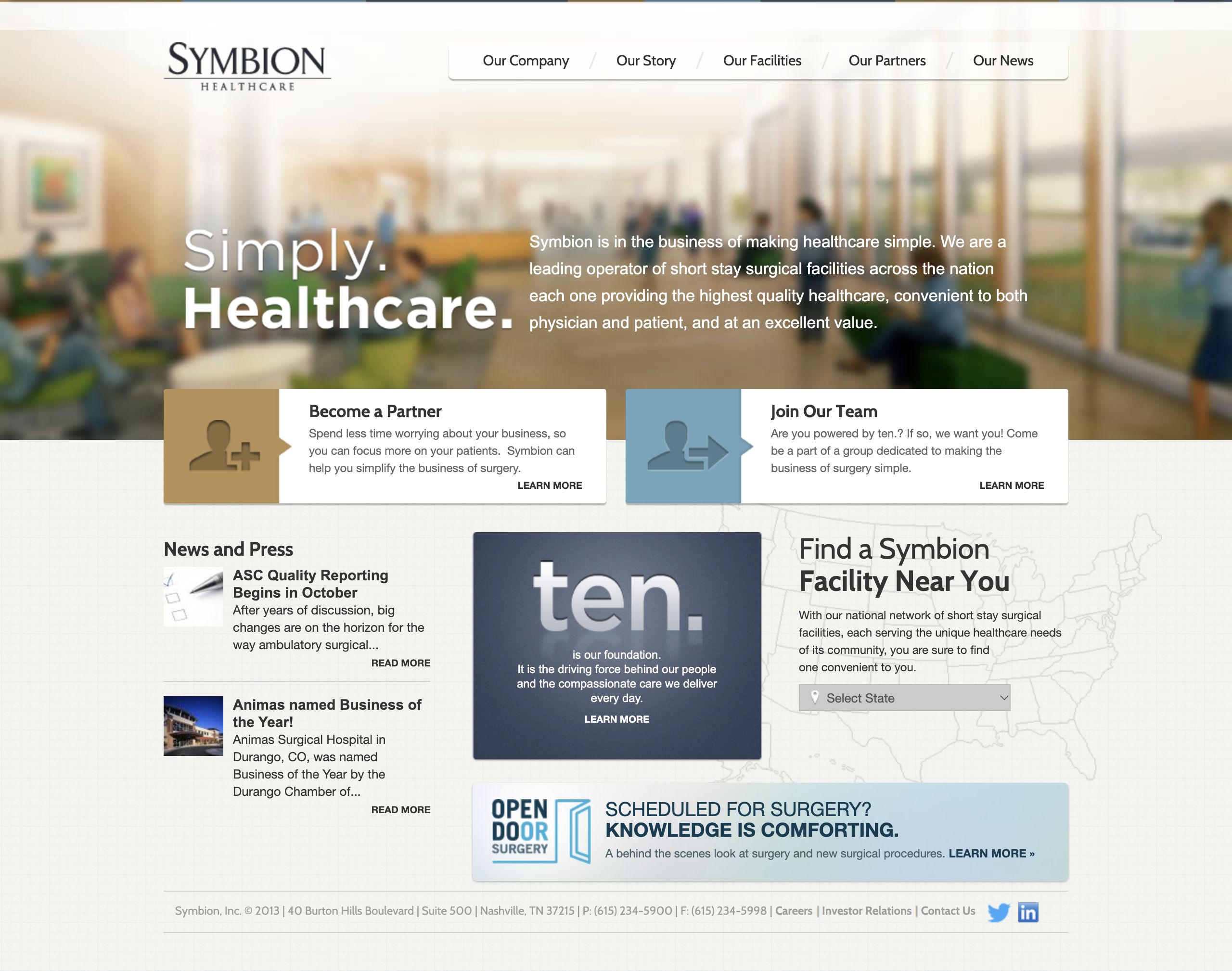 Symbion’s rebranded desktop homepage showing Simply. Healthcare., partner and team pathways, the ten. platform, and Open Door Surgery.